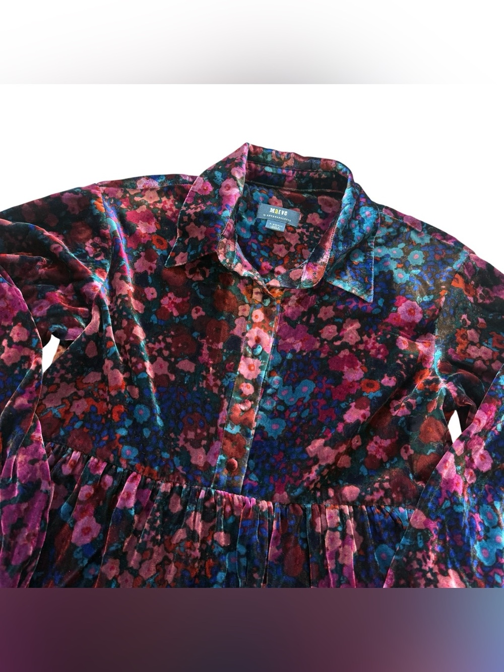 Anthropologie Maeve Velvet Floral Tiered Mini Shirt Dress Boho Cottagecore XS - Picture 5 of 15